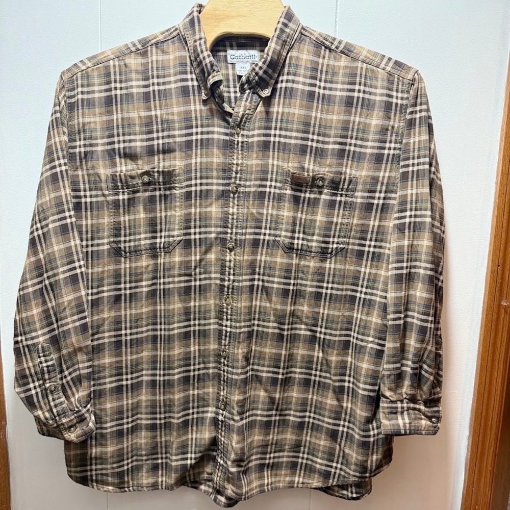 Carhartt Mens Size 3XL Brown Plaid Long Sleeve Button Down Work Shirt Cotton